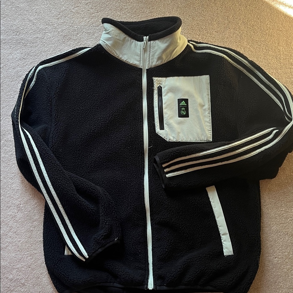 Adidas Black and White Fleece Jacket with Stripes REAL MADRID